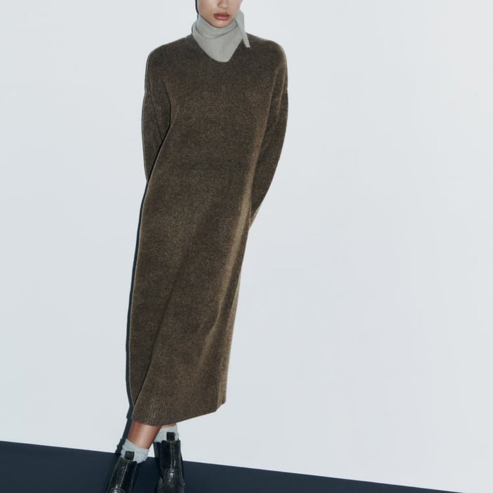 NWT TAUPE BROWN OVERSIZED SOFT KNIT MIDI SWEATER DRESS